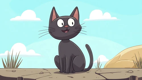 Playful Black Cat Cartoon Outdoor