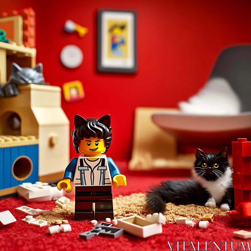 LEGO Minifigure and Cat in Playroom AI Image