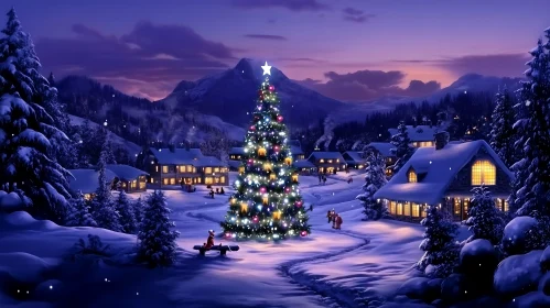 Snowy Winter Village with Illuminated Christmas Tree