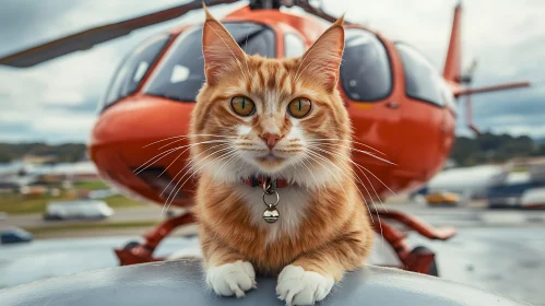 Ginger Cat and Red Helicopter Outdoor Scene