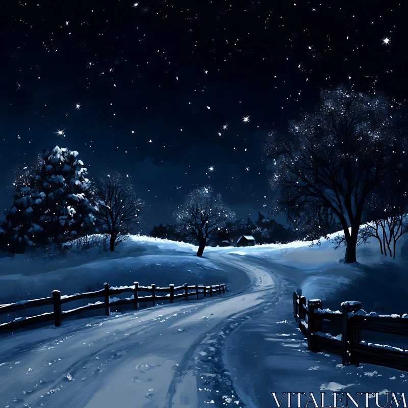 Snowy Winter Night with Starry Sky AI Image