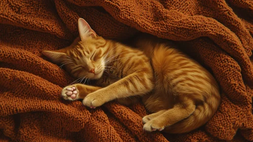 Relaxed Orange Cat in Warm Knitted Blanket