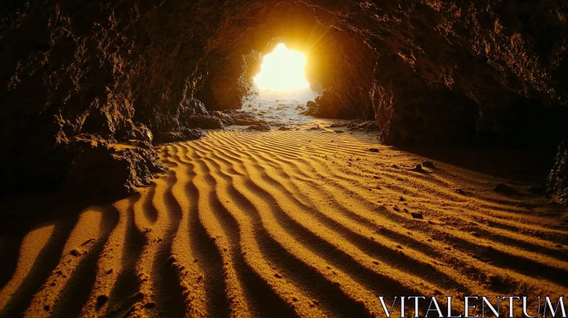 Sunlit Cave with Wavy Sand and Shadows AI Image