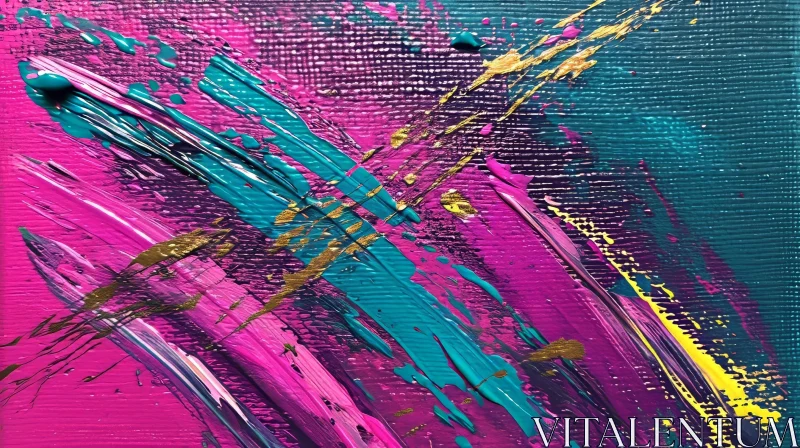 Abstract Painting: Vibrant Pink, Blue, and Yellow Strokes on Canvas AI Image
