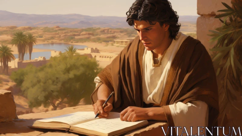 Ancient Scholar Writing in Desert Landscape AI Image