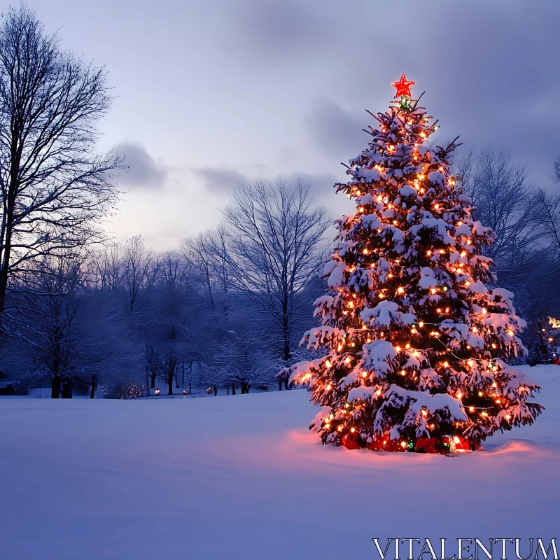 Twilight Christmas Tree Amidst Snow AI Image