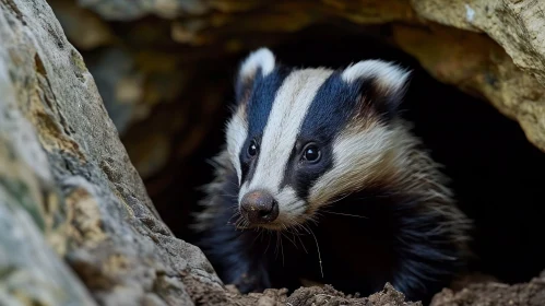 Black and White Badger Looking Out of Burrow