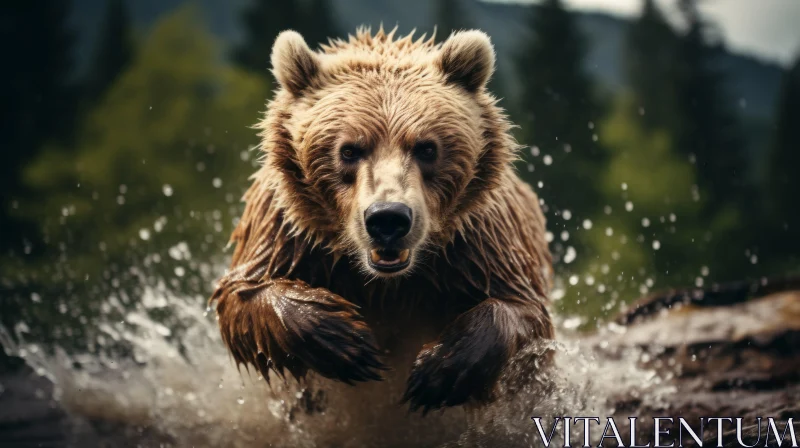 Brown Bear Sprinting Through River in Forest - A Portrait of the Wild AI Image