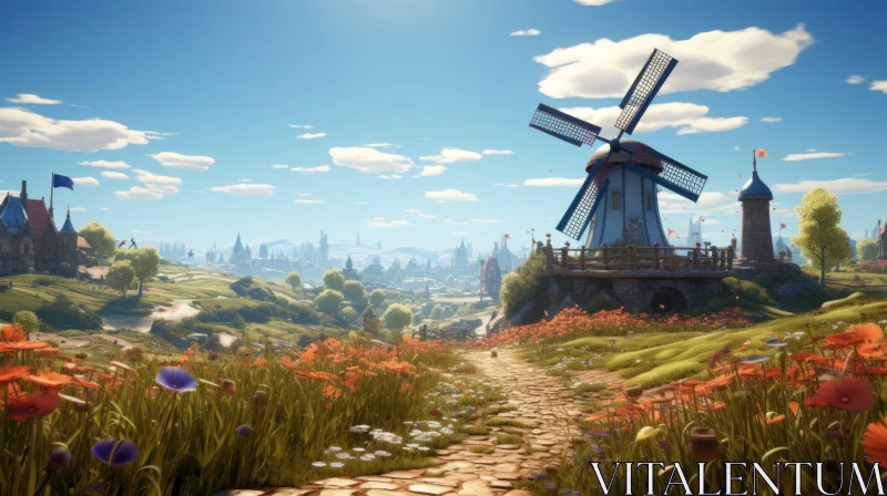 Captivating Indie Game Screenshot: Windmill Amidst Flower Field AI Image