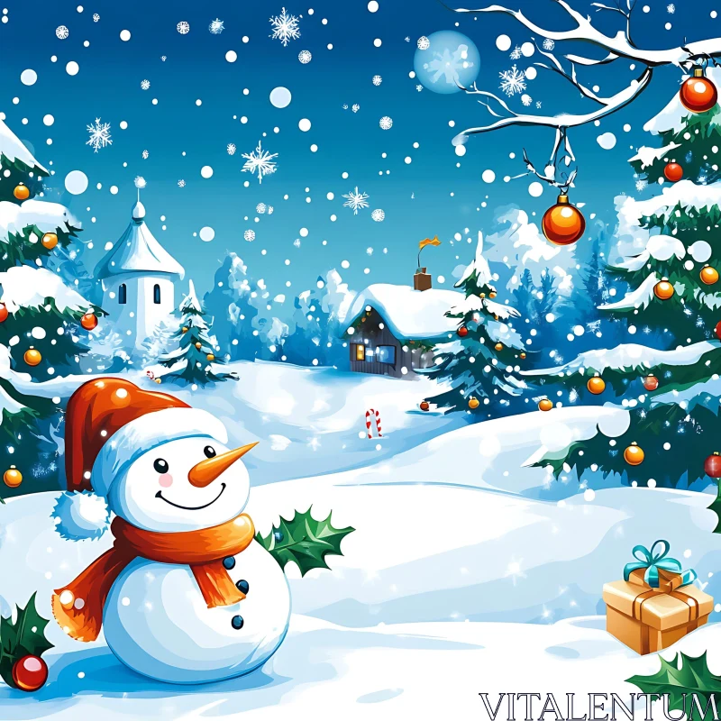 AI ART Snowman in Holiday Decorated Winter Scene