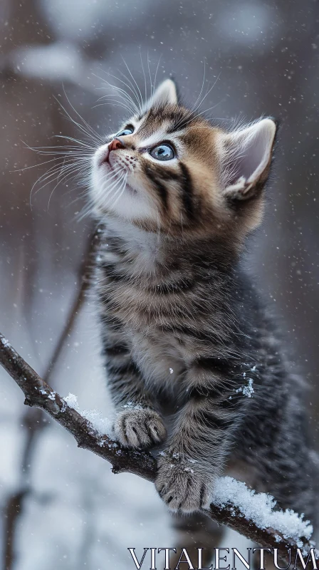 AI ART Young Tabby Cat on Snowy Branch