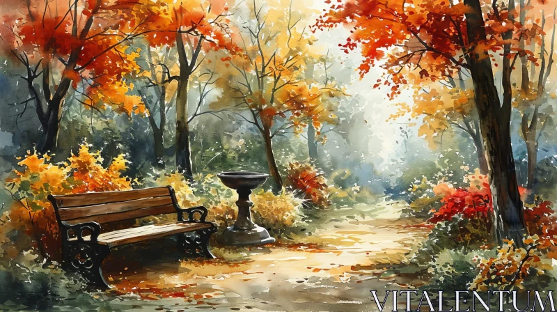 Fall Park Watercolor Painting - Nature Artwork AI Image