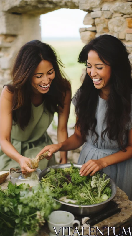 Joyful Nature-Inspired Candid Scene of Women Preparing Food AI Image