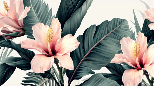 Pink Hibiscus Flowers and Green Banana Leaves Illustration