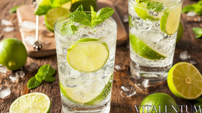 Refreshing Mojito Cocktail with Rum and Lime | Wooden Table Background AI Image