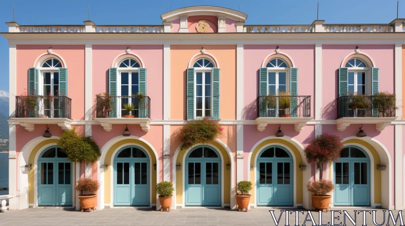 Scenic Three-Story Building with Pink Facade and Mountain View AI Image