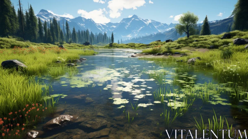 Serene Water Body Amidst Majestic Mountain and Detailed Flora AI Image