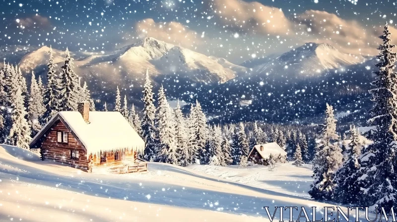 Peaceful Wooden Cabin in Snowy Mountain Landscape