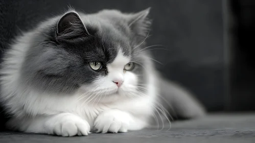 Resting Fluffy Cat with Gray and White Fur
