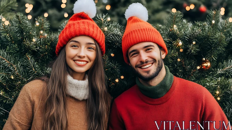 Festive Couple in Front of Decorated Christmas Tree