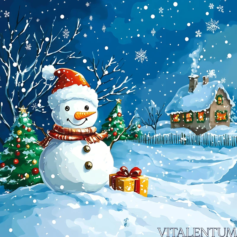 Christmas Snowman Under Falling Snowflakes