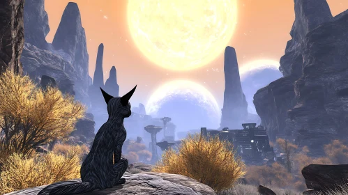 Surreal World with Two Suns and Alien Creature