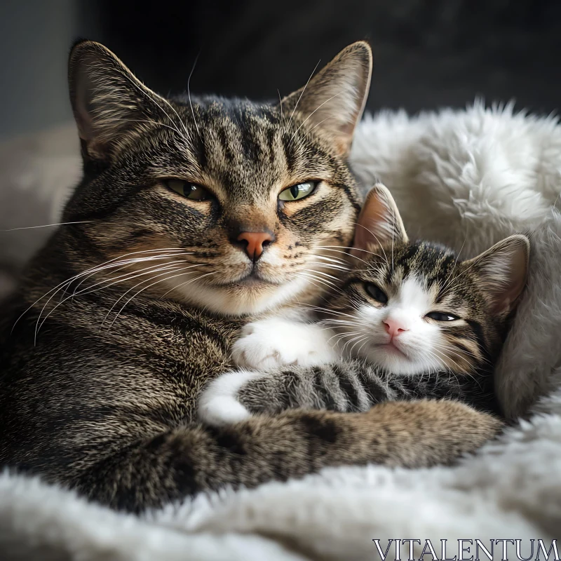 Mother Cat Cuddling Kitten on Fluffy Blanket