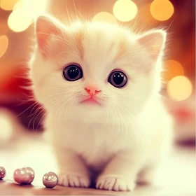 Cute Fluffy Kitten with Warm Bokeh Lights