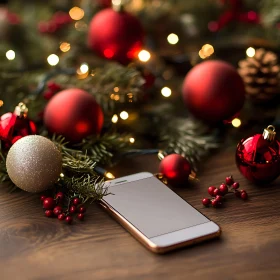 Smartphone Amidst Christmas Ornaments on Wooden Surface