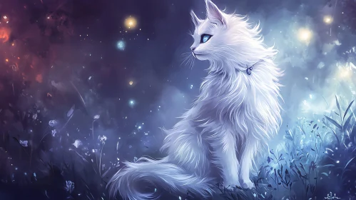 Dreamy Illustration of a White Cat with Glowing Eyes