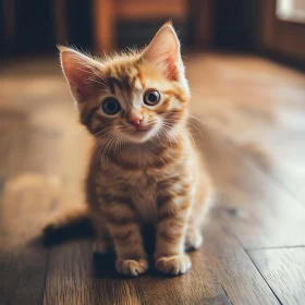 Cute Ginger Kitten on Wooden Floor