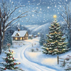 Winter Wonderland with Festive Cabin and Christmas Tree