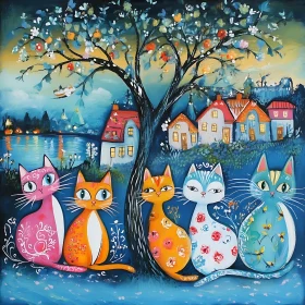 Colorful Cats in Night Village with Blooming Tree