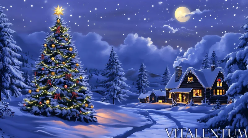 Peaceful Winter Night with Festive Decorations and Snow-covered Cabin