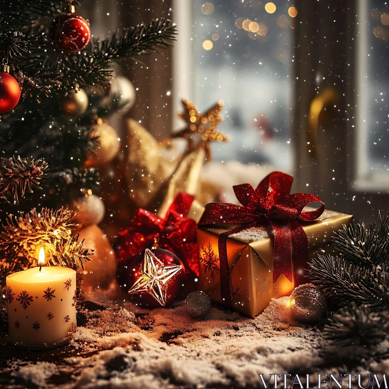Warm Christmas Decor with Presents and Candlelight