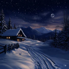 Tranquil Snowy Night with Cabin and Stars