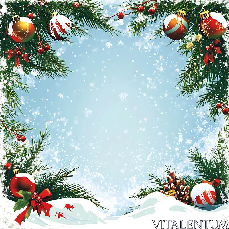 Christmas Pine Branches with Baubles and Snowflakes