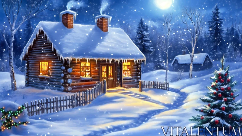 Festive Snow-Covered Log Cabin in Winter Wonderland