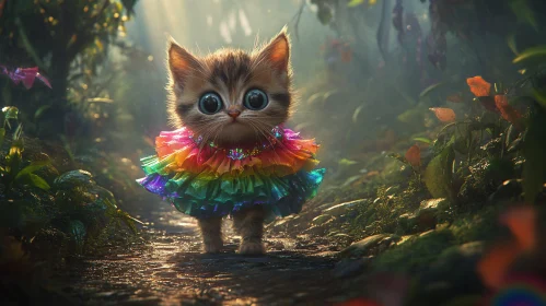 Charming Kitty in Colorful Dress in Woodland