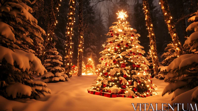Magical Night in a Snow-Covered Forest with Christmas Decorations