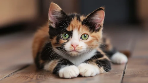 Charming Calico Kitten Resting on Wooden Floor