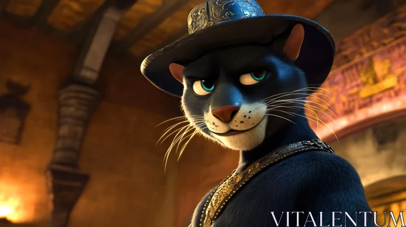 Elegant Animated Cat with Hat in Indoor Setting