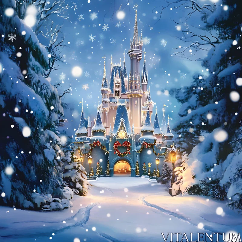 Majestic Snowy Castle in Nighttime Holiday Splendor