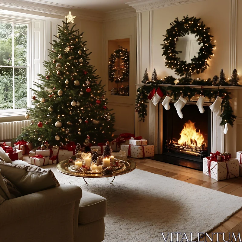 Cozy Christmas Living Room with Tree, Fireplace, and Festive Decor AI Image