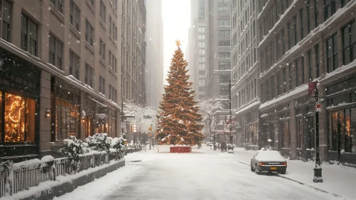 Festive Winter Cityscape with Christmas Tree