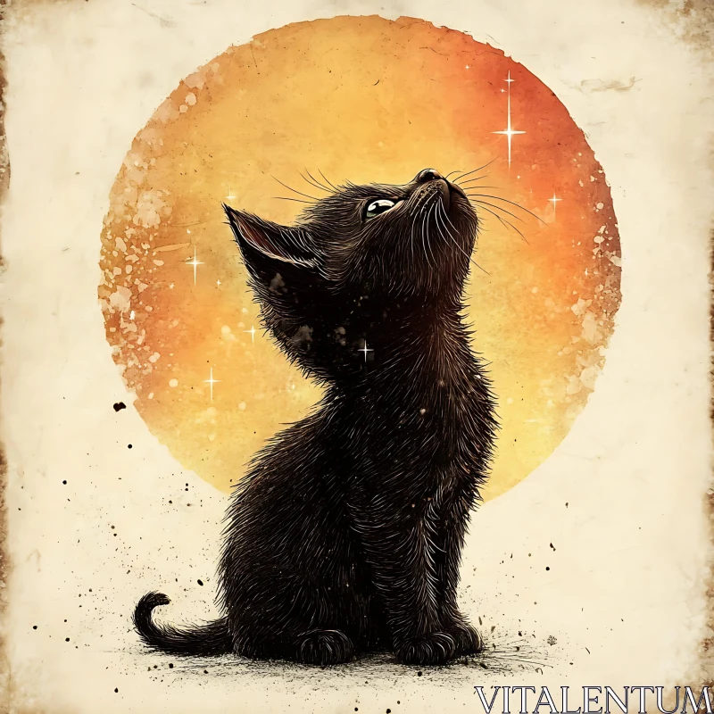 Black Cat with Suns and Stars in Vintage Style