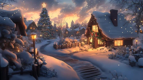 Serene Winter Night in a Festive Village