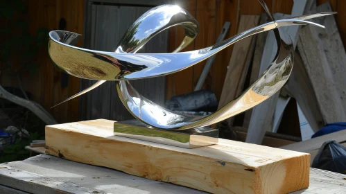Abstract Stainless Steel Sculpture on Wooden Block