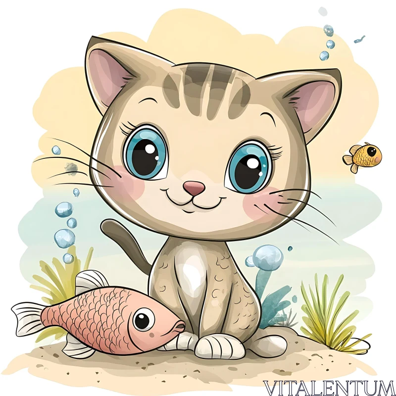 Cute Cat and Fish Cartoon Artwork