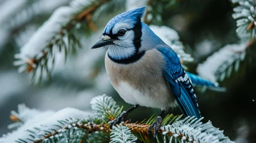 Blue Jay Perched on Snow-Covered Branch - Nature Wildlife Photography